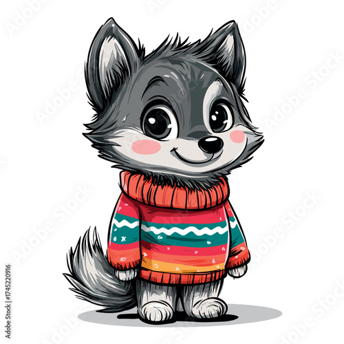 cute little wolf in cozy winter sweater isolated vector illustration