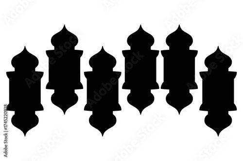 A symmetrical arrangement of six black silhouette lanterns with pointed tops and bottoms design