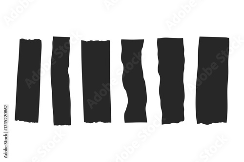 A collection of six black strips of tape with torn edges arranged vertically on a white backdrop