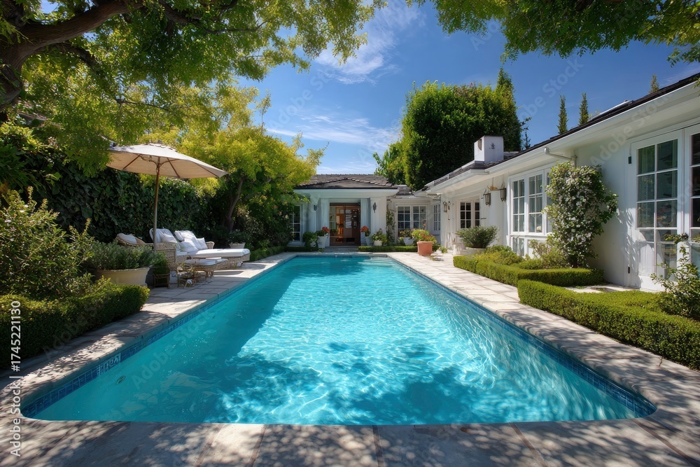 Fototapeta premium Rectangular pool lined with stone beside a white house and a lounge area beneath tree shade