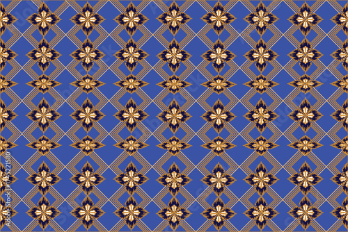 This image presents a refined geometric floral pattern in royal blue and gold, exuding elegance and cultural sophistication. The repeating diamond framework, adorned with golden blossoms.