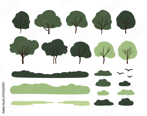 Illustration of a landscape set with abstract green trees, leafy bushes, grassy hedges, horizon silhouettes and flying birds in flat eco park style on white background. Flat vector illustration.