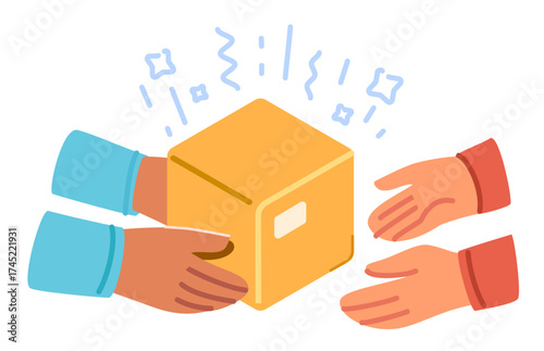 Delivery person package to customer. Hands carrying cardboard box. Shipping packages, parcel box. Moving service