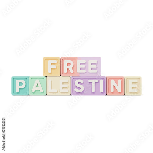 Free Palestine message spelled out with colorful building blocks, advocating for peace and freedom