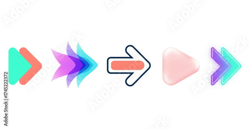 A diverse collection of modern arrow icons pointing right, featuring glossy, transparent, and flat design styles for user interface navigation and pointers