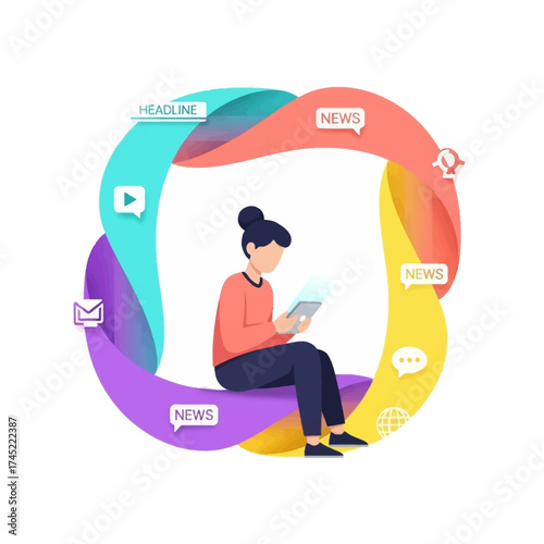Woman engaged with a digital device amidst a dynamic news and communication ecosystem