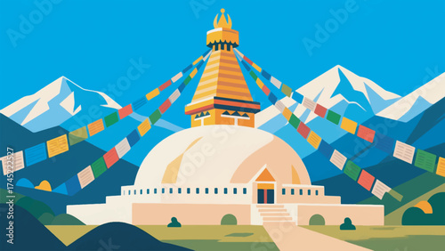 Illustration Of Boudhanath Stupa With Colorful Prayer Flags Against The Backdrop Of The Himalayan Mountains Vector Design Template