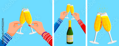 Man and woman hands toast with champagne flutes for New Year or Christmas celebration on blue background. Holiday greeting for party.