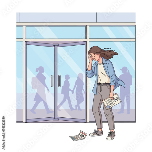 Illustration of a stressed and dejected young woman leaving an office after a difficult day, experiencing burnout and failure