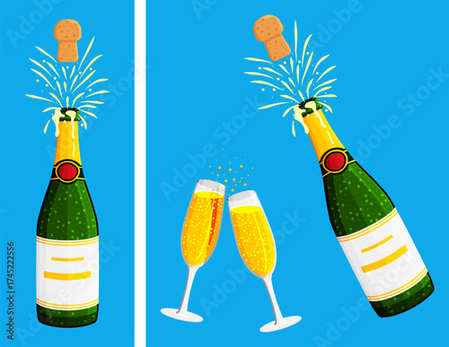 Champagne bottle with cork popping out and sparkling drink splash. Two champagne flute glasses clinking. Celebration concept.