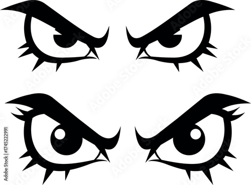 Vector art of two pairs of angry cartoon eyes with thick black eyebrows and eyelashes
