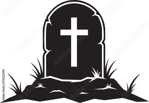 Vector art of a black silhouette of a tombstone with a cross on it, isolated on a, symbolizing death and remembrance