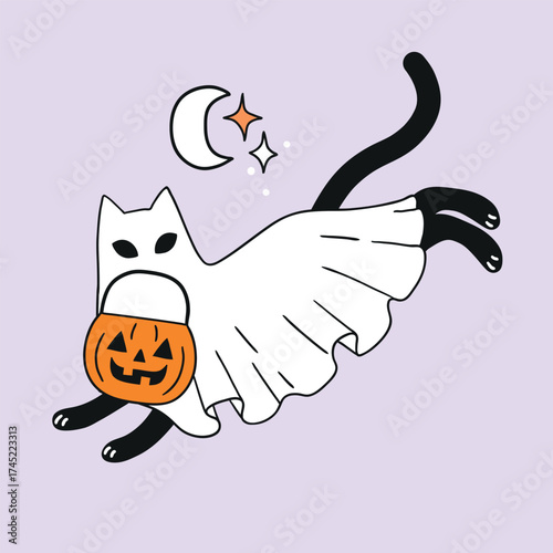 Cute vector ghost cat with Halloween candy bucket. Hand drawn creepy Halloween clipart on isolated background. Perfect for sticker, tee shirt logo, greeting card, poster or nursery print design. 