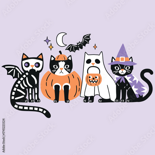 Scary vector Halloween ghost cats with candy bag and stars. Hand drawn Halloween clipart on isolated background. Perfect for sticker, tee shirt logo, greeting card, poster or nursery print design. 