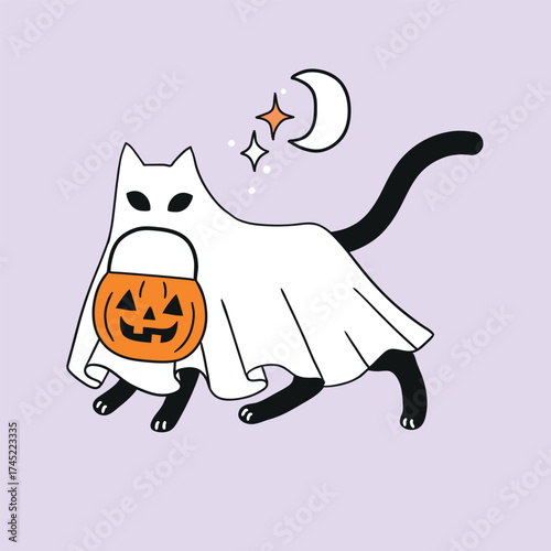 Cute vector ghost cat with Halloween candy bucket. Hand drawn creepy Halloween clipart on isolated background. Perfect for sticker, tee shirt logo, greeting card, poster or nursery print design. 