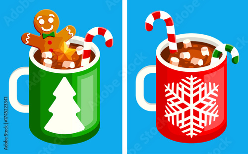 Two mugs of hot chocolate with gingerbread man and candy canes. Christmas and winter holiday drinks for cheerful celebration.