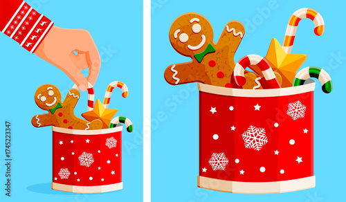 A person placing gingerbread man cookie, candy cane, and star ornament into a red gift box. Festive winter holiday treat concept.
