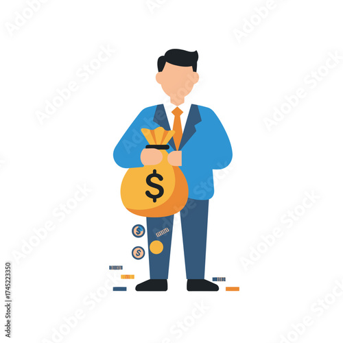 Businessman holding money bag representing financial success and wealth.