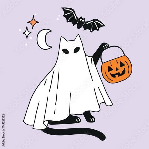 Cute vector ghost cat with Halloween candy bucket. Hand drawn creepy Halloween clipart on isolated background. Perfect for sticker, tee shirt logo, greeting card, poster or nursery print design. 
