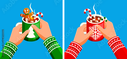 Woman hand holding christmas mug with hot chocolate, gingerbread. Winter holiday drink and festive season concept. Cozy celebration.