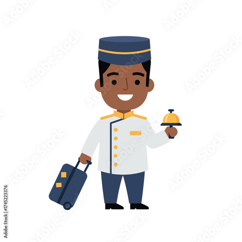 Cartoon Bellhop Character with Luggage and Service Bell.