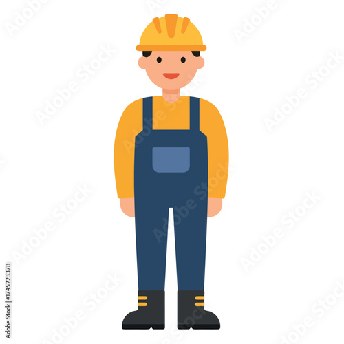 Construction worker in yellow hard hat and blue overalls.