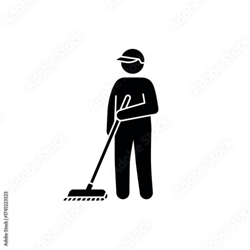 Iconic Janitor Sweeping Floor with Broom Stick Figure.