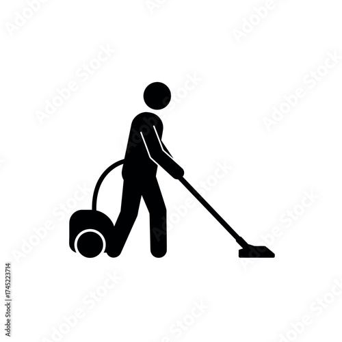 Simple black pictogram of a person using a vacuum cleaner.