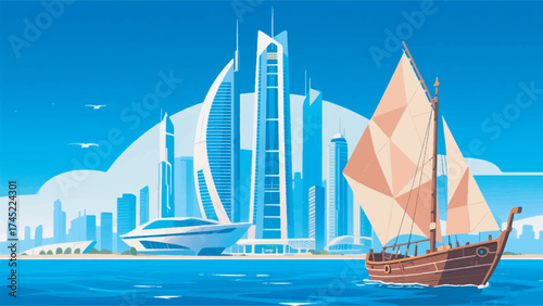 Futuristic Skyline Illustration Of Doha With Unique Architecture Skyscrapers And Blue Sea In Front Vector Design Template