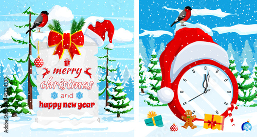 Merry Christmas and Happy New Year greeting card with snow, santa hat, gifts, clock, gingerbread and bullfinch winter concept.