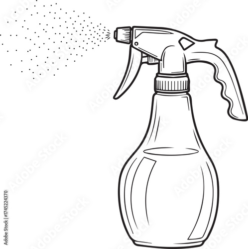 Sketch of a spray bottle with a liquid and spray emitting from the nozzle on a clean background
