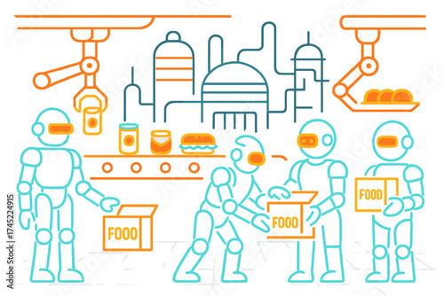 Futuristic neon industrial scene with robots in automated food production