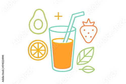 Neon fruit juice with avocado, citrus, and leaf elements in glowing outline style