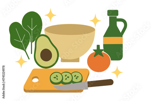 Flat style healthy salad ingredients with avocado and vegetables on cutting board