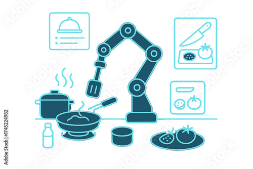 Futuristic neon kitchen with robotic arm and cooking tools in modern light