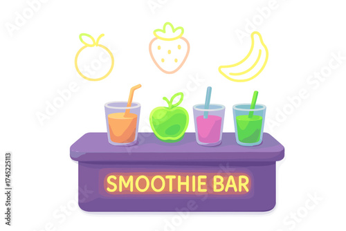 Neon smoothie bar with glowing fruits and colorful drinks on a counter