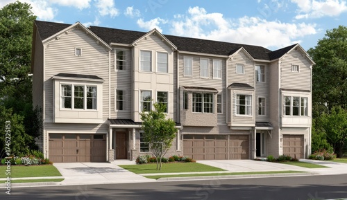 Modern multi-story residential building with garages, large , and landscaped yard