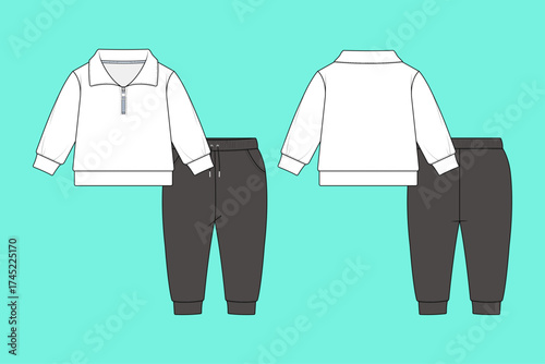 Boys Quarter-Zip Polo Collar Sweatshirt and Cuff Jogger Set Flat Sketch
