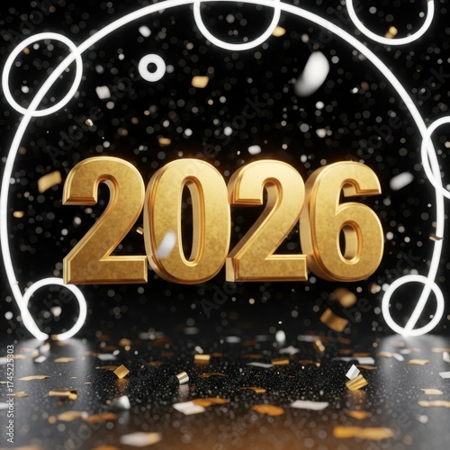 Wallpaper Mural Golden 2026 numbers sparkle with confetti and circular lights Torontodigital.ca