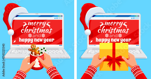 Hands in festive sweater with hot drink and gift box near laptop with Christmas greeting. Winter holiday celebration.