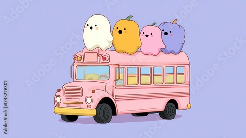 Cute Ghosts and Pumpkins on a Pastel School Bus for Kids