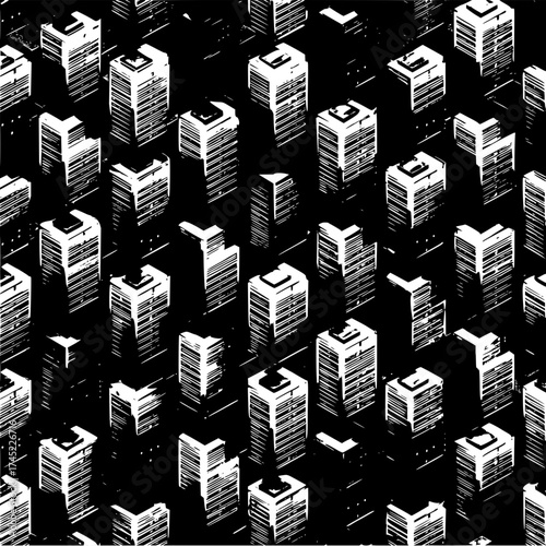 Isometric monochrome pattern of architectural buildings and structures in a dense urban landscape