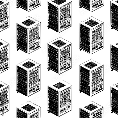 Isometric monochrome pattern of server racks with visible details and a white background in a repeated design