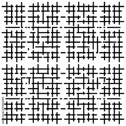 Black and white abstract pattern consisting of horizontal and vertical lines forming a grid like structure