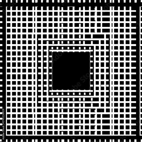 Nested squares pattern with shrinking grid lines and central black square in monochrome design style