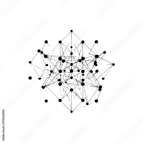 Complex network of interconnected black dots and lines creating a geometric abstract structure on white background