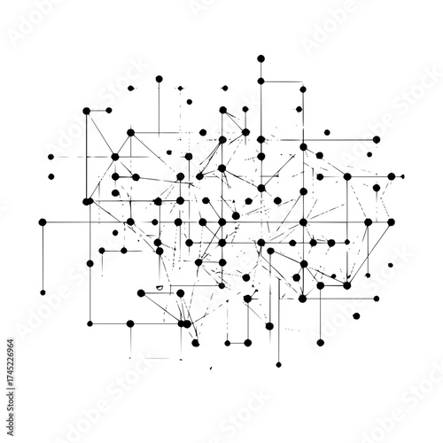 Abstract network representation with black circles connected by lines on a white background design