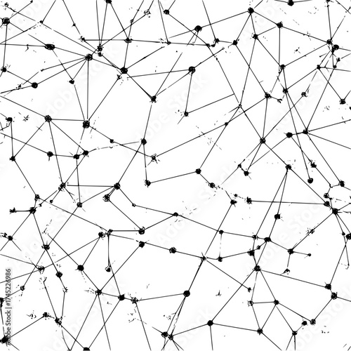 Abstract network of black lines and dots on a white background creating a complex interconnected system