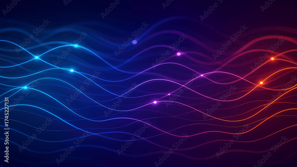 Fototapeta premium Interconnected Neon Waves with Glowing Dots in Blue, Purple, and Orange Hues 