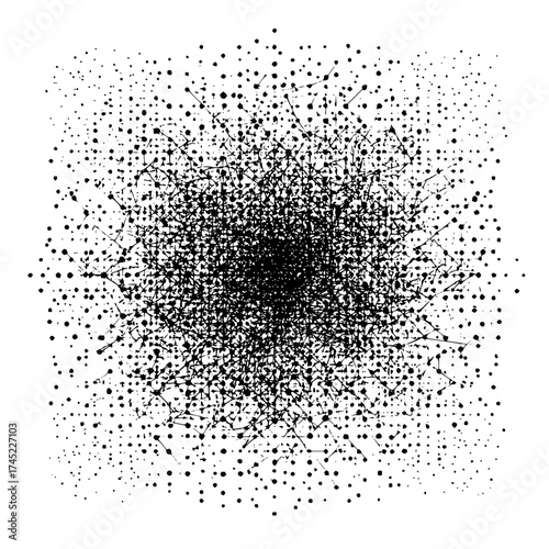 Abstract black and white splatter pattern with dots and lines creating a dense central cluster design element